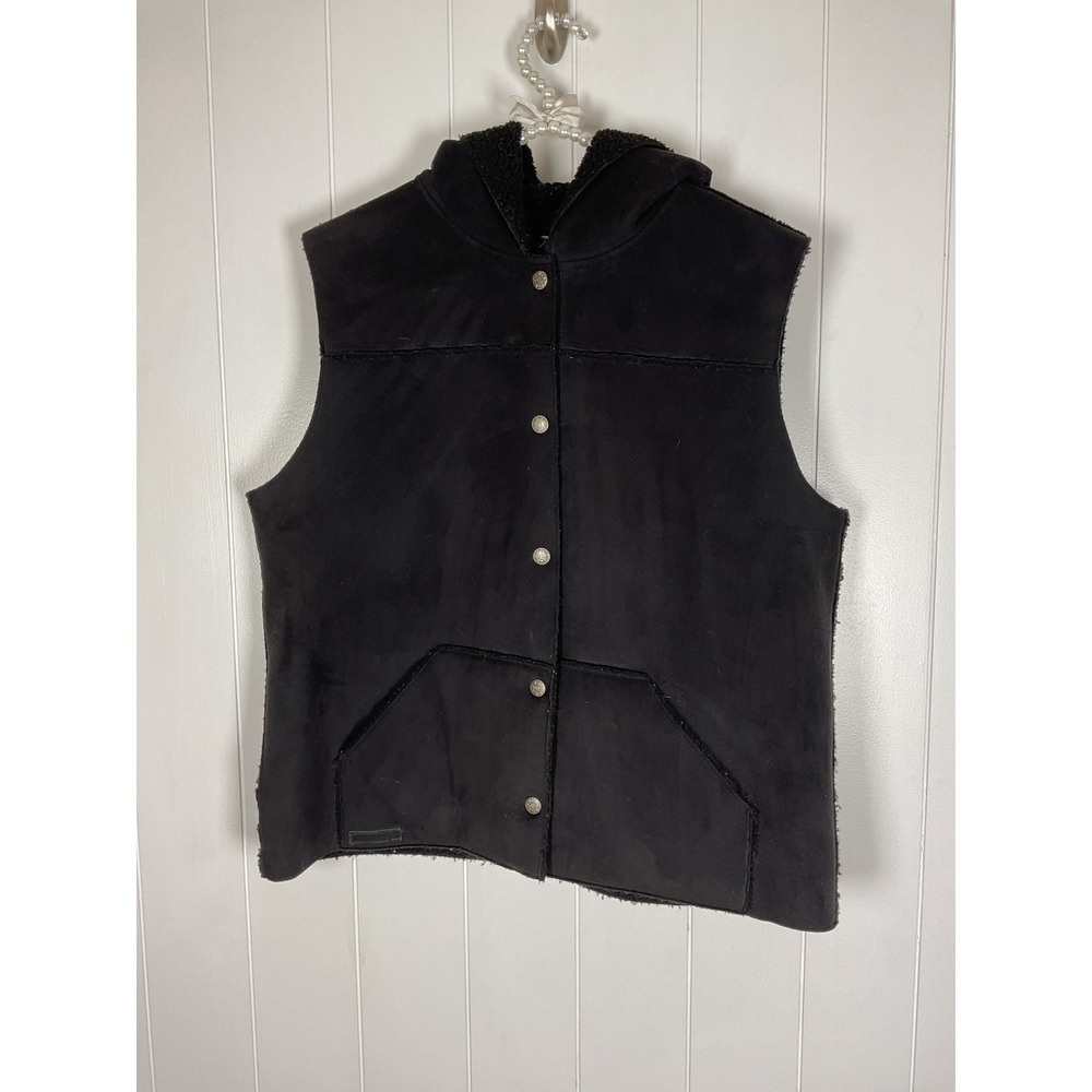 Lauren Ralph Lauren Faux Suede Sherpa Lined Black Women's Snap Close Hooded Vest